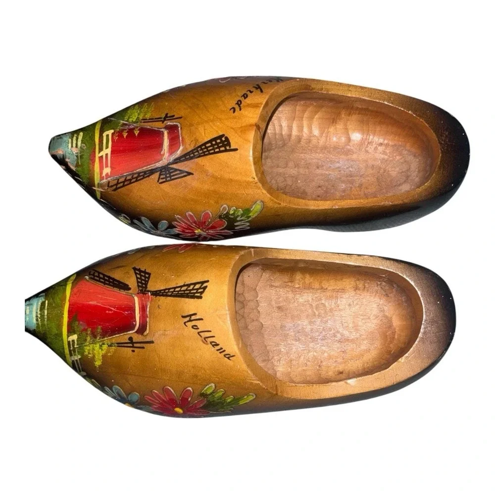 Vintage Authentic Dutch Holland Wooden Clogs Shoes Handpainted Collectible 1950s